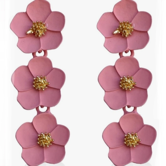 Triple Mauve Pink Flowers Post Earrings 3 Flower Blossoms Floral Post Dangle New - Picture 2 of 7